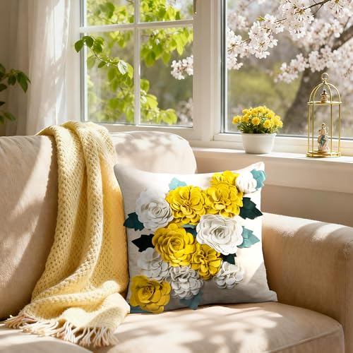 KINGROSE 3D Flower Throw Pillow Cover Home Decorative Accent Pillow Case Sham Square Cushion Cover Sofa Bed Couch Living Room 18 x 18 Inches Yellow White - Image 3