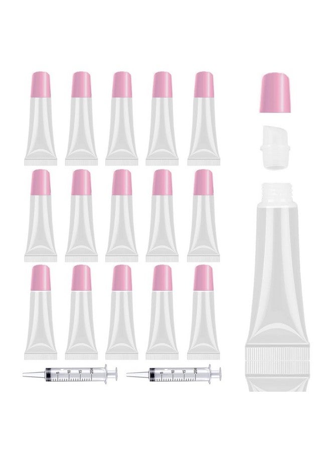AMORIX 50PCS Lip Gloss Tubes Empty 10ml Pink Cap Lip Gloss Containers Lip Balm Tubes Cute Squeeze Tubes Lipgloss Making Supplies + 2 x 20ml Syringes Tag Labels for Lip Gloss Base - Image 1