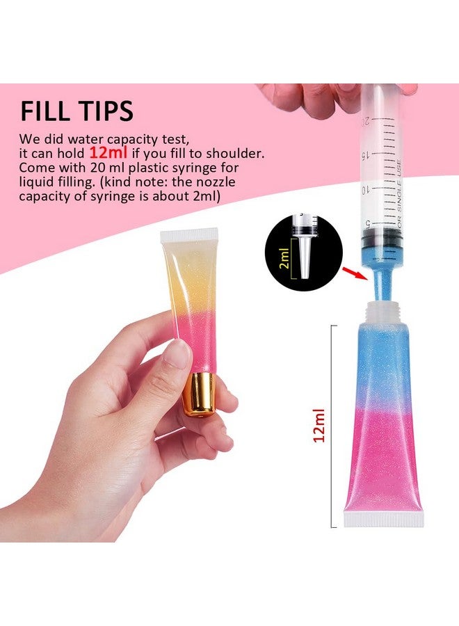 AMORIX 50PCS Lip Gloss Tubes Empty 10ml Pink Cap Lip Gloss Containers Lip Balm Tubes Cute Squeeze Tubes Lipgloss Making Supplies + 2 x 20ml Syringes Tag Labels for Lip Gloss Base - Image 3