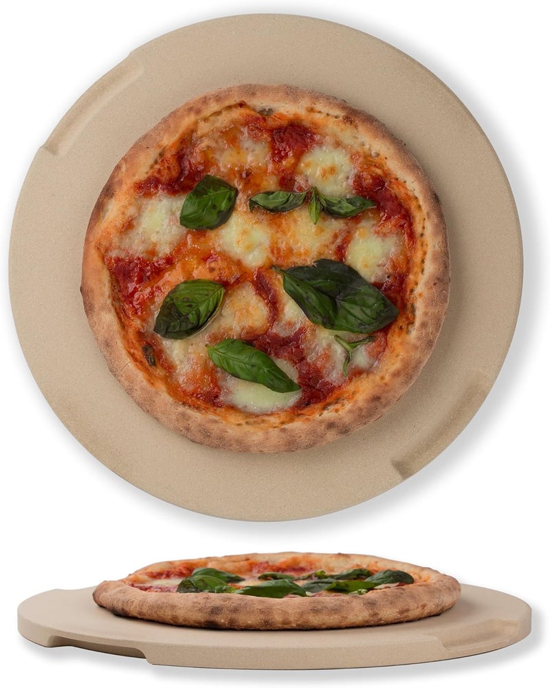 ROCKSHEAT Pizza Stone 12.6in Round Baking & Grilling Stone, Perfect for Oven, BBQ and Grill. Innovative Double - faced Built - in 4 Handles Design - Image 1