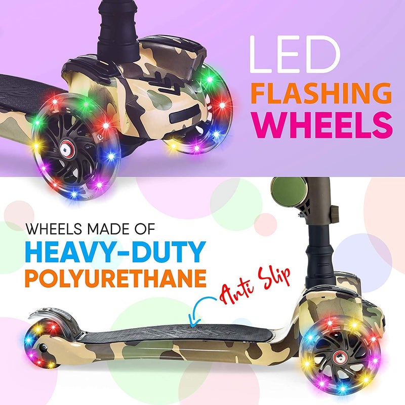 Hurtle Kids Scooter - Child Toddler Kick Scooter Toy with Foldable Seat - 3 Wheel Scooter with Adjustable Height, Anti-Slip Deck, Flashing Wheel Lights, for Boys/Girls 1-12 Year Old, Camouflage - Image 4