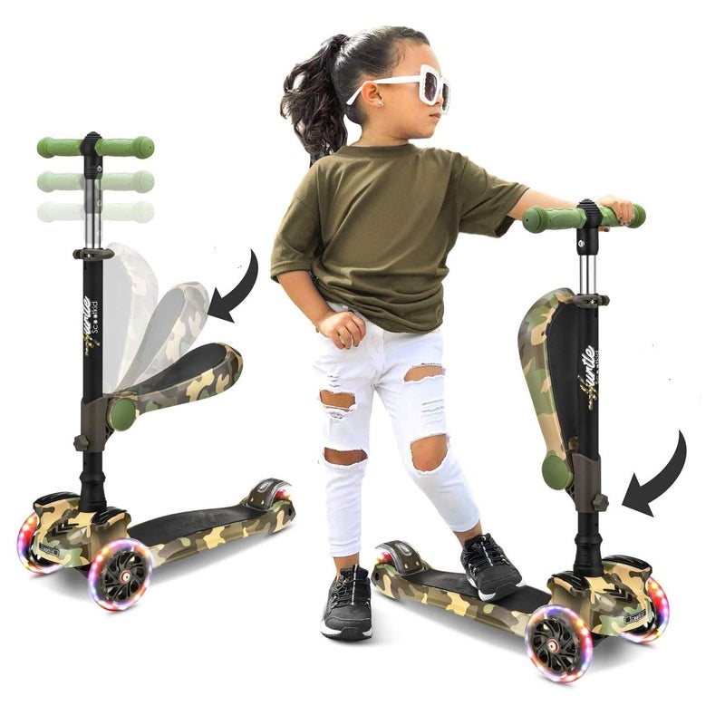 Hurtle Kids Scooter - Child Toddler Kick Scooter Toy with Foldable Seat - 3 Wheel Scooter with Adjustable Height, Anti-Slip Deck, Flashing Wheel Lights, for Boys/Girls 1-12 Year Old, Camouflage - Image 1