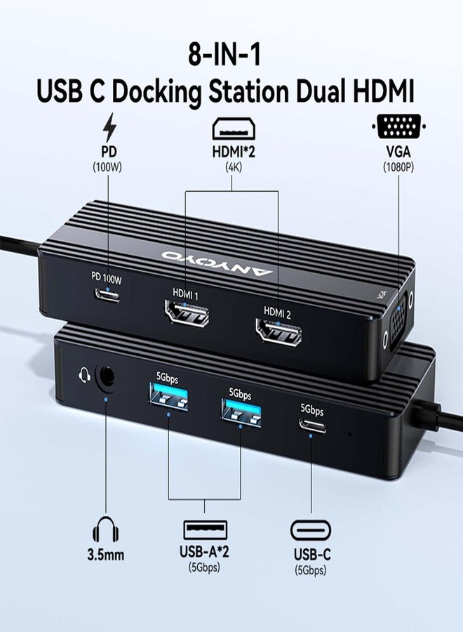 ANYOYO USB C Docking Station Dual Monitor, 8 in 1 USB C HUB 3 Monitors Adapter with Dual HDMI 4K60HZ and VGA 1080P60HZ, 3 * 5Gbps USB-A/C,Support PD100W,Laptop Dock for Dell,Lenovo,HP,Samsung,ASUS - Image 2