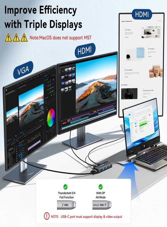 ANYOYO USB C Docking Station Dual Monitor, 8 in 1 USB C HUB 3 Monitors Adapter with Dual HDMI 4K60HZ and VGA 1080P60HZ, 3 * 5Gbps USB-A/C,Support PD100W,Laptop Dock for Dell,Lenovo,HP,Samsung,ASUS - Image 3