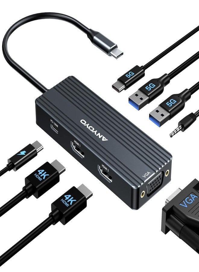 ANYOYO USB C Docking Station Dual Monitor, 8 in 1 USB C HUB 3 Monitors Adapter with Dual HDMI 4K60HZ and VGA 1080P60HZ, 3 * 5Gbps USB-A/C,Support PD100W,Laptop Dock for Dell,Lenovo,HP,Samsung,ASUS - Image 1