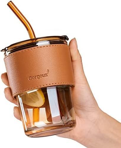HARBAR HARBAR Glass Reusable Sipper Bottle with Leather Sleeve Glass Coffee Mug with Silicone Straw and Leakproof Lid Tumbler for CoffeeTea Milk Beverages 435ml Brown Leather  - Image 1