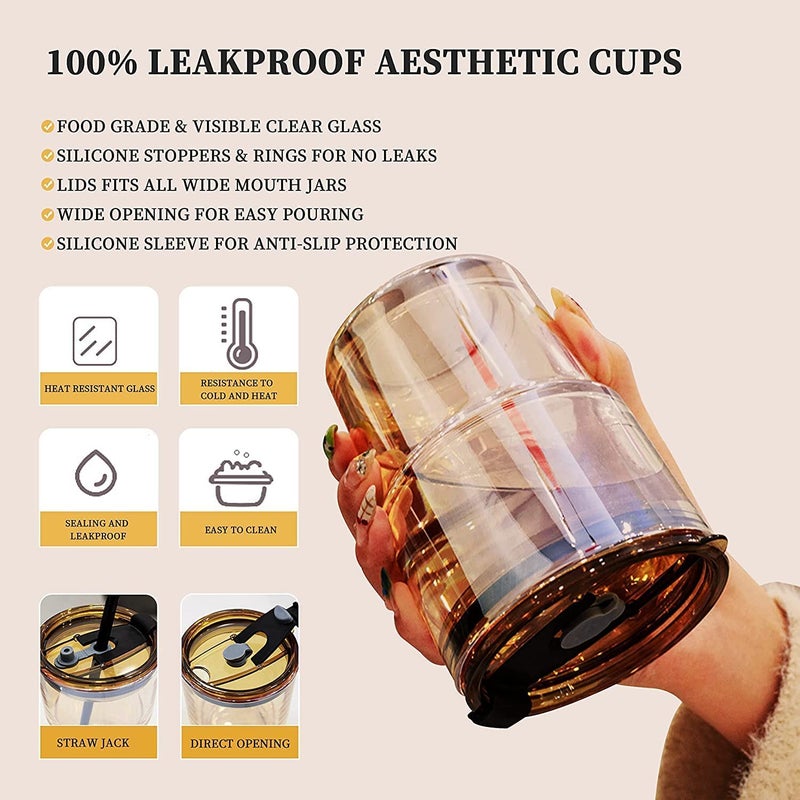HARBAR HARBAR Glass Reusable Sipper Bottle with Leather Sleeve Glass Coffee Mug with Silicone Straw and Leakproof Lid Tumbler for CoffeeTea Milk Beverages 435ml Brown Leather  - Image 4