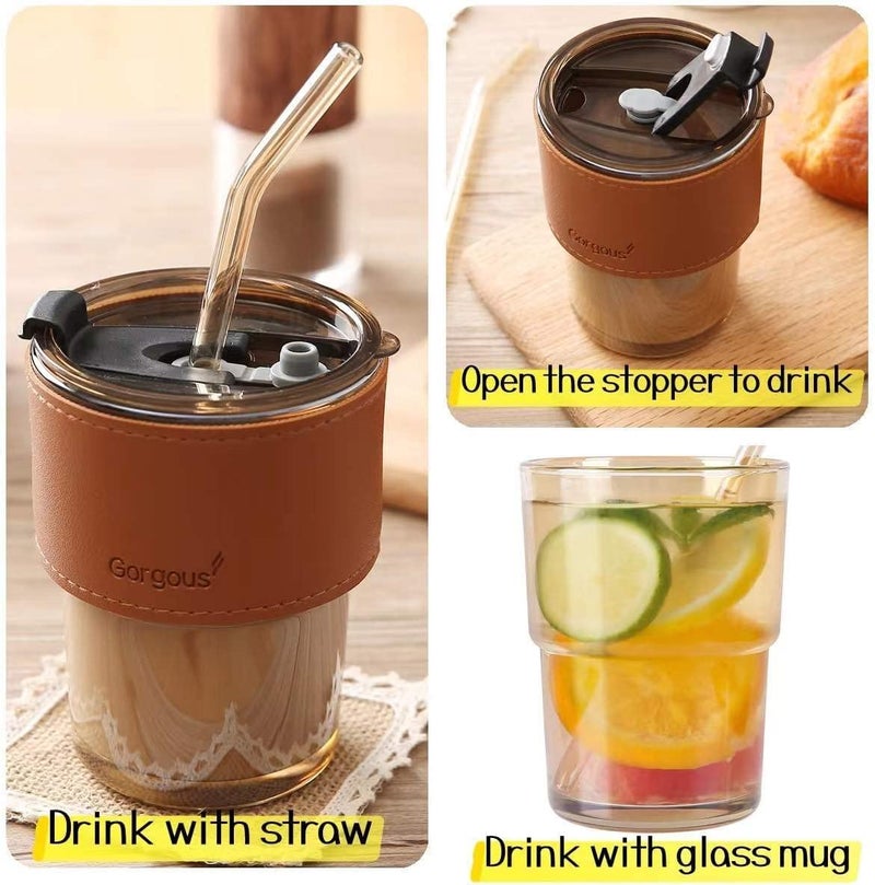HARBAR HARBAR Glass Reusable Sipper Bottle with Leather Sleeve Glass Coffee Mug with Silicone Straw and Leakproof Lid Tumbler for CoffeeTea Milk Beverages 435ml Brown Leather  - Image 5