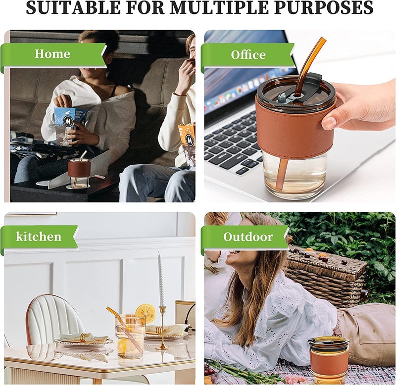 HARBAR HARBAR Glass Reusable Sipper Bottle with Leather Sleeve Glass Coffee Mug with Silicone Straw and Leakproof Lid Tumbler for CoffeeTea Milk Beverages 435ml Brown Leather  - Image 2