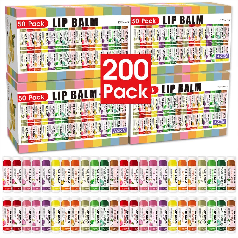 AZEN 200 Pack Lip Balm Natural Lip Balm Bulk Lip Care Product Moisturizing Lip Balms for dry cracked lips  12 Flavors