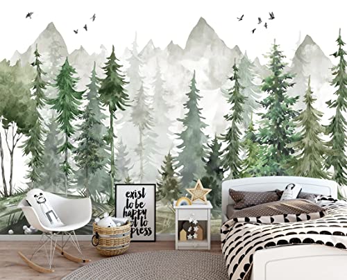 MFWFM Green Forest Wall Mural Watercolor Woodland Wallpaper for Nursery Room Not Peel n Stick