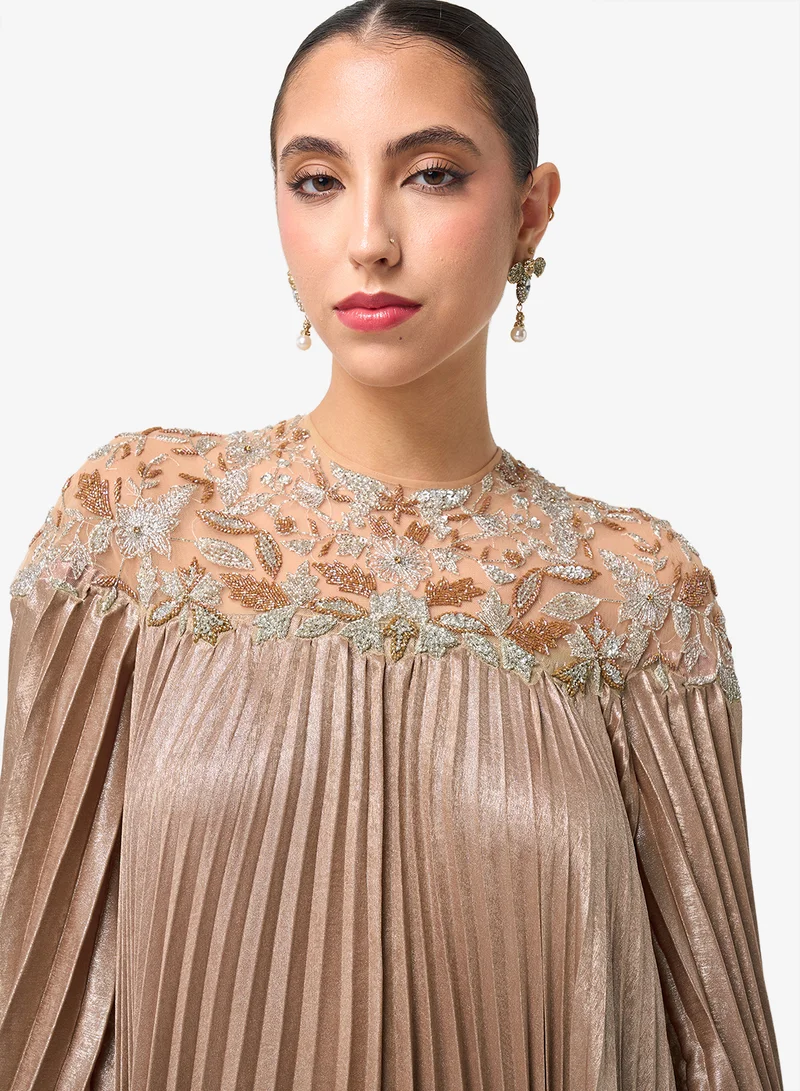 Threadz by Ajooni  Embellished Crew Neck Long Sleeve Maxi Dress for Women | Best Price UAE