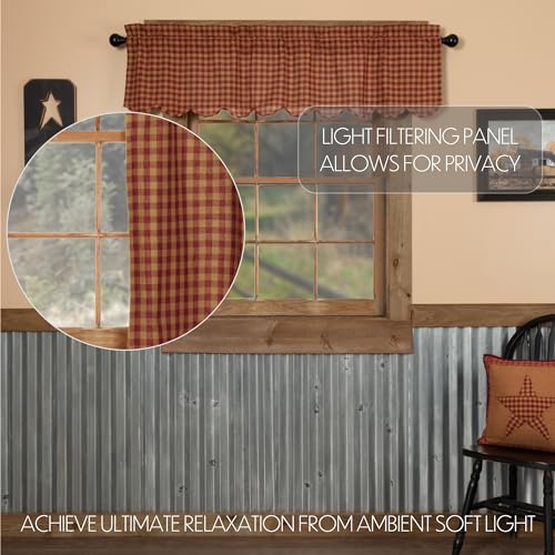 VHC Brands Check Cotton Primitive Kitchen Curtains Rod Pocket 16x60 Valance, Burgundy Red - Image 3