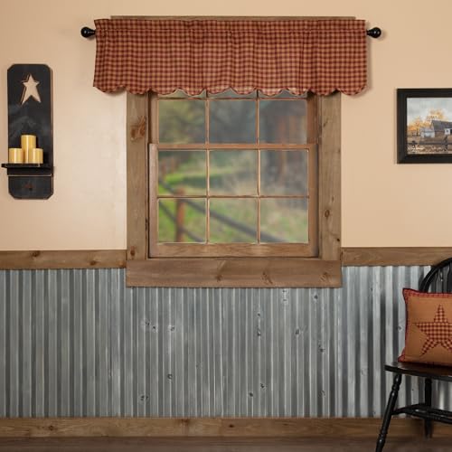VHC Brands Check Cotton Primitive Kitchen Curtains Rod Pocket 16x60 Valance, Burgundy Red - Image 1