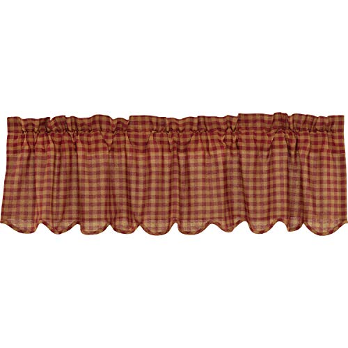 VHC Brands Check Cotton Primitive Kitchen Curtains Rod Pocket 16x60 Valance, Burgundy Red - Image 4