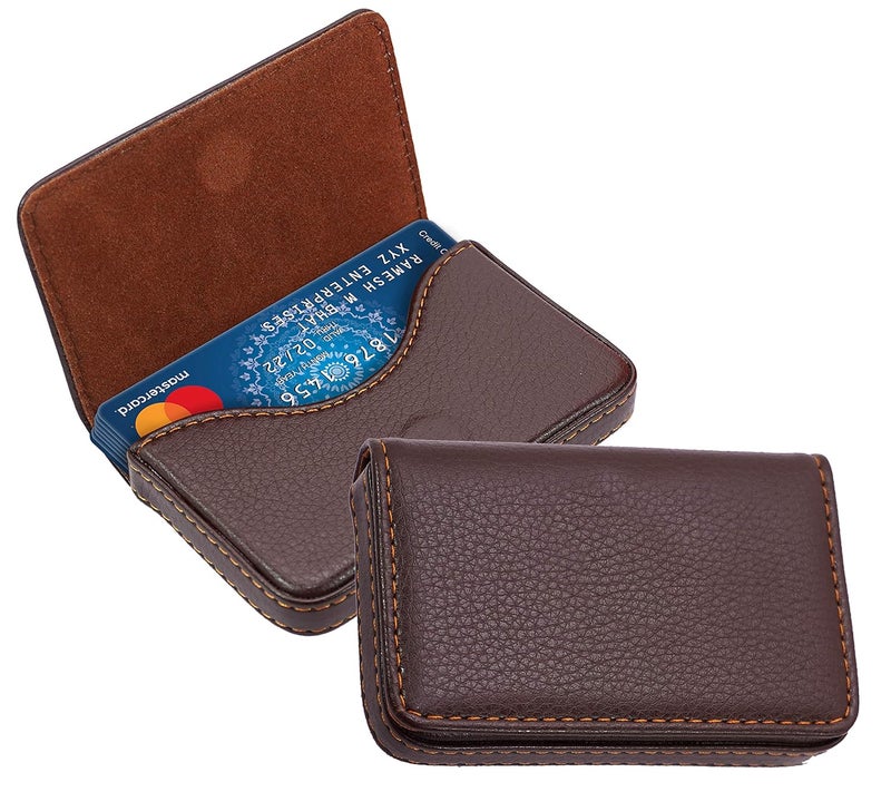 DAHSHA Pocket Sized Stitched PU Leather Credit Card Holder Visiting Business Card Case Wallet with Magnetic Shut for Men & Women (10 x 6 x 1.6 cm, Coffee Brown) - Image 1