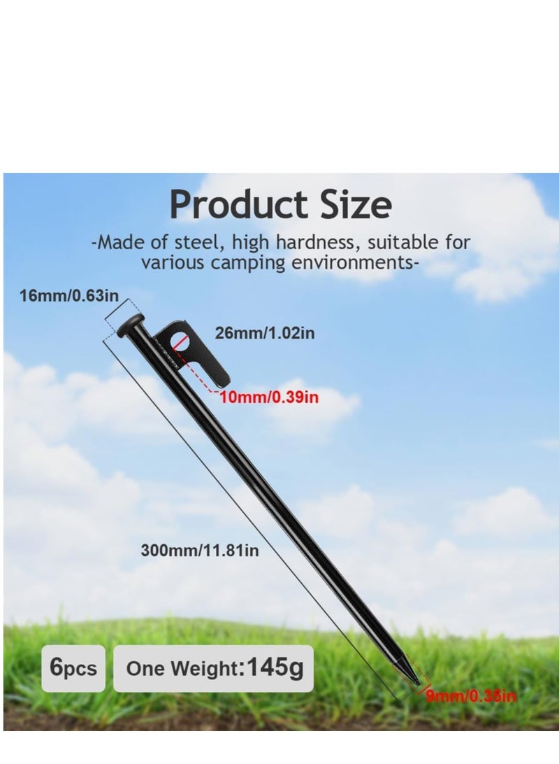 SYOSI أوتاد خيمة، 6 قطع أوتاد خيمة فولاذية عالية القوة، 30 سم طويلة، أوتاد تثبيت خيمة مع خطافات وفتحات، أوتاد تخييم غير قابلة للكسر وغير مرنة للسفر والتخييم والمشي في الهواء الطلق على الأراضي العشبية - Image 3