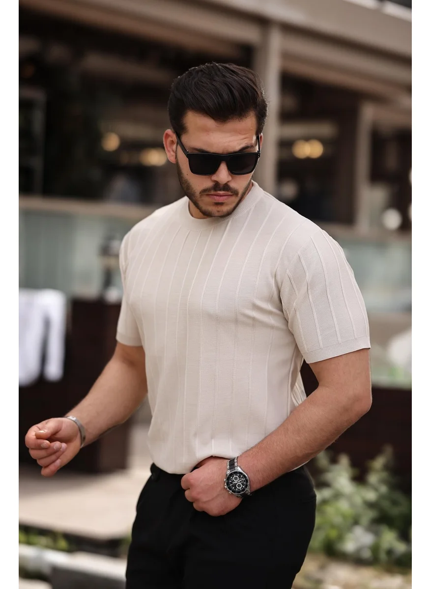 ميرون Beige Crew Neck Embossed Knitwear Short Sleeve T-Shirt - 2430