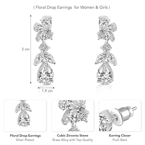 Peora Silver Plated Cubic Zirconia Studded Floral Style Drop Earrings Push Back Fashion Jewellery for Women & Girls - Image 5