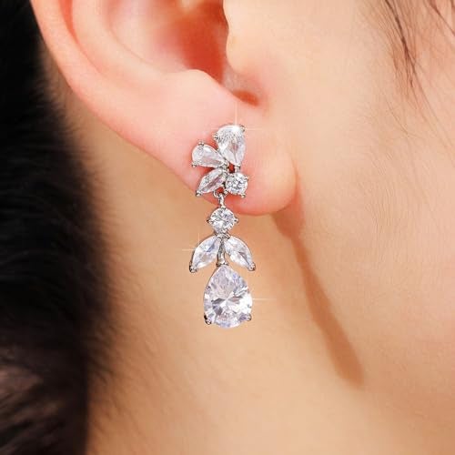 Peora Silver Plated Cubic Zirconia Studded Floral Style Drop Earrings Push Back Fashion Jewellery for Women & Girls - Image 3