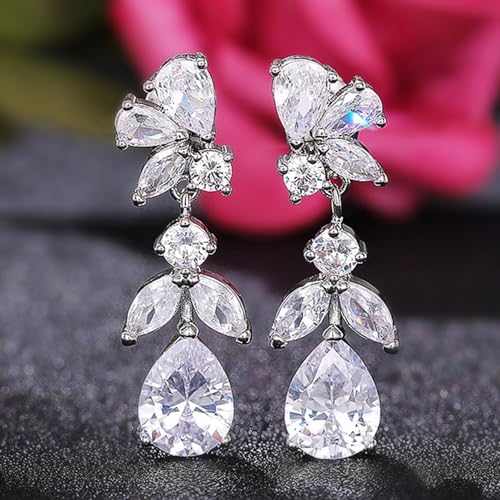 Peora Silver Plated Cubic Zirconia Studded Floral Style Drop Earrings Push Back Fashion Jewellery for Women & Girls - Image 4