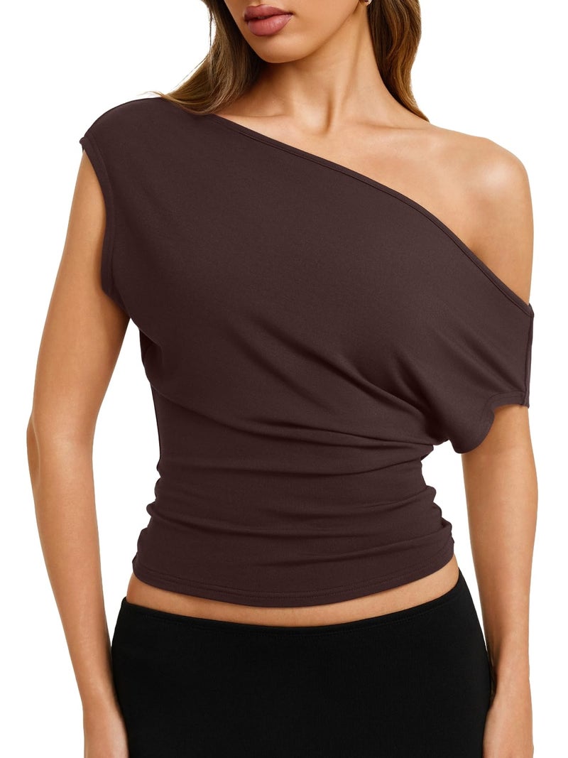 REORIA Womens 2026 Summer Cute Asymmetrical Banded Bottom Short Sleeve Tee Shirts Y2K Date Party Night Going Out Casual Loose Off The Shoulder Tops Brown - Image 1