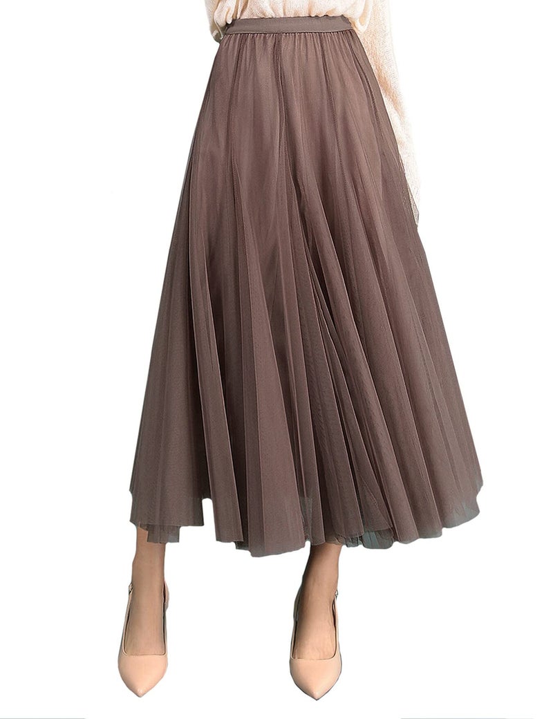 FEOYA Womens Long Tulle Skirt Pleated A Line Layered Tutu Skirt High Waist Elastic Mesh Flowy Maxi Skirt for Wedding Party - Image 1