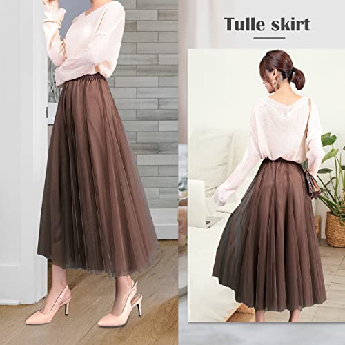 FEOYA Womens Long Tulle Skirt Pleated A Line Layered Tutu Skirt High Waist Elastic Mesh Flowy Maxi Skirt for Wedding Party - Image 2