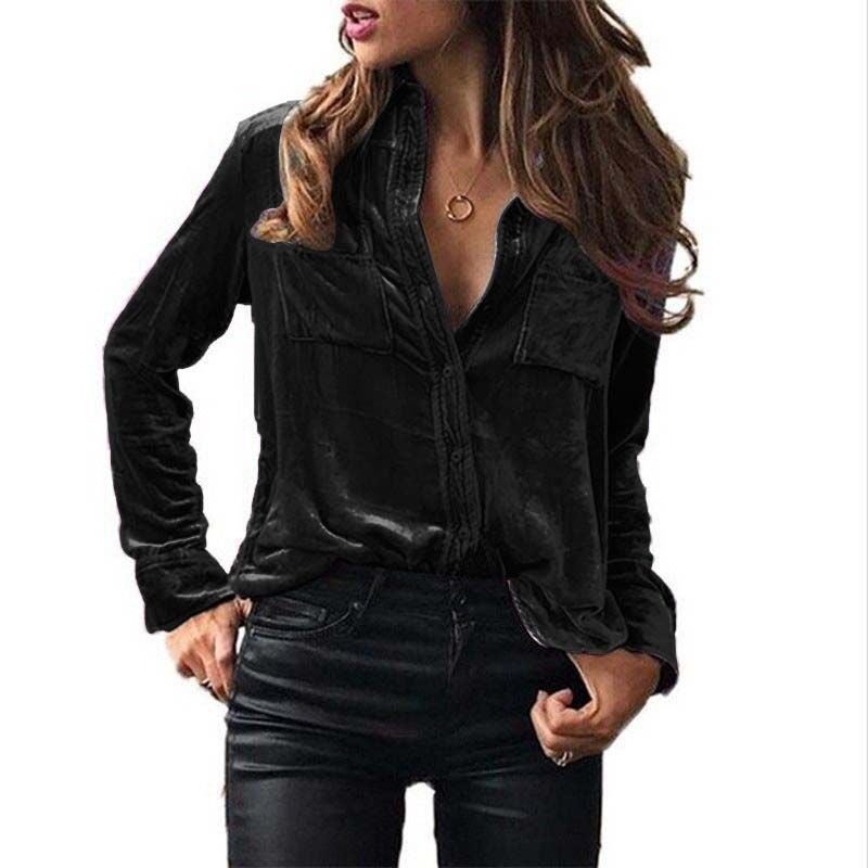in stock Europe and the United States cross-border Amazon pocket shirt blouse solid color temperament long sleeve single breasted shirt women Black