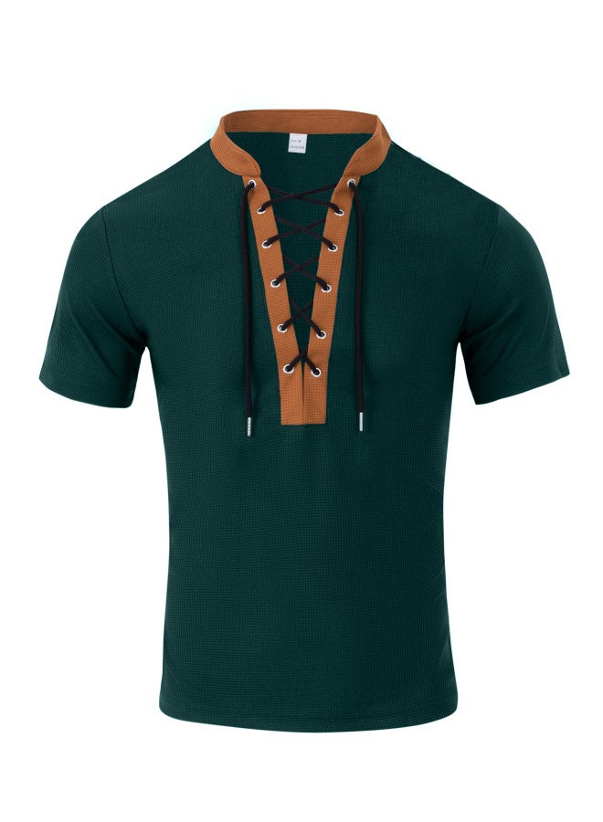 European And American Men's Summer Rope Neck Waffle Knit Color Block American Casual Big Size Short Sleeve T-shirt