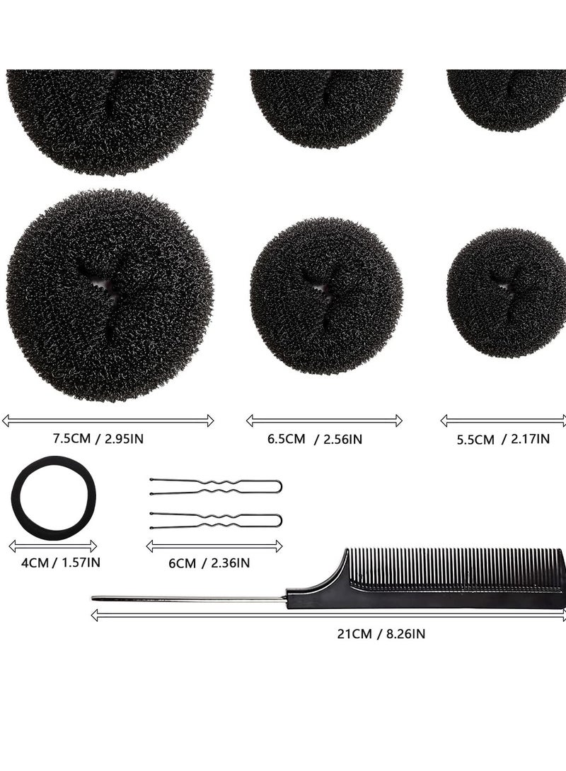 QIRRA Hair Bun Maker Set, 37 Pieces (2 Large, 2 Medium, 2 Small) Donut Bun Makers, 10 Elastic Hair Ties, 20 Bobby Pins, 1 Comb - Black  - Image 2