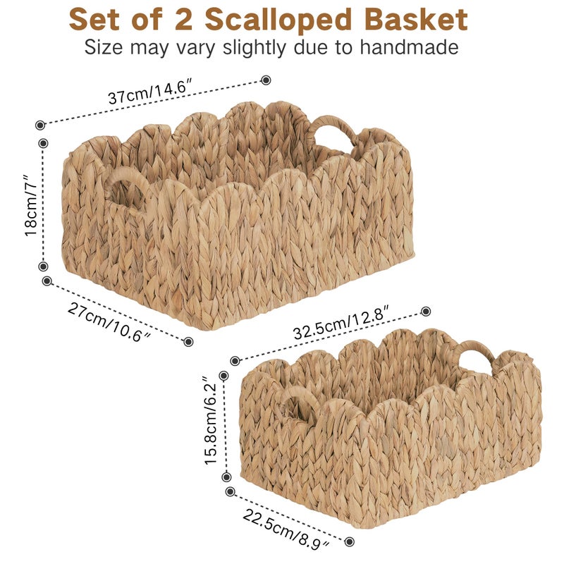 iEGrow Scalloped Wicker Basket, Set of 2 Woven Rattan Natural Water Hyacinth Baskets with Built-in Handles, Rectangle Storage Baskets for Organizing, Decor, Shelf and Nursery Room - Image 3