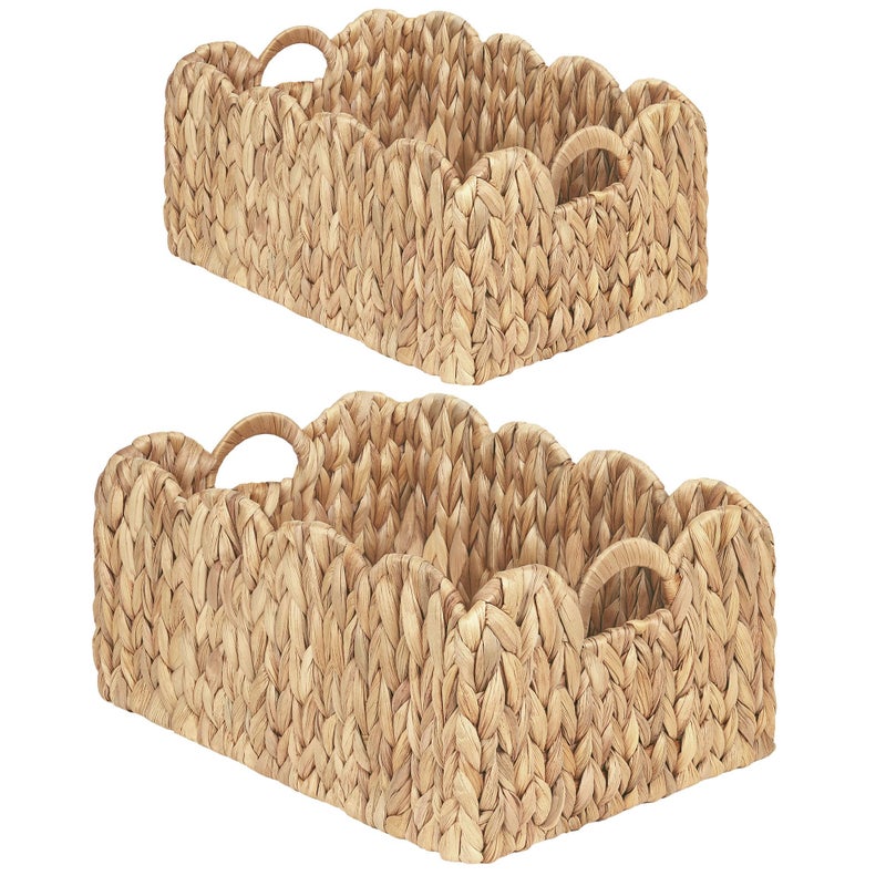 iEGrow Scalloped Wicker Basket, Set of 2 Woven Rattan Natural Water Hyacinth Baskets with Built-in Handles, Rectangle Storage Baskets for Organizing, Decor, Shelf and Nursery Room - Image 1