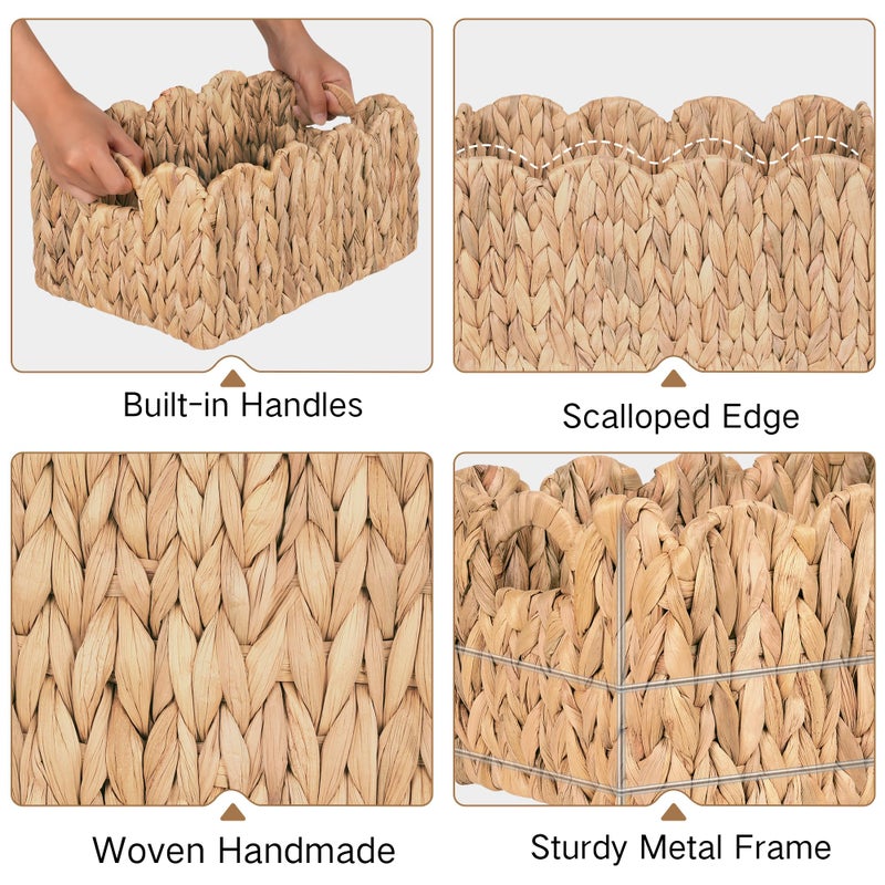 iEGrow Scalloped Wicker Basket, Set of 2 Woven Rattan Natural Water Hyacinth Baskets with Built-in Handles, Rectangle Storage Baskets for Organizing, Decor, Shelf and Nursery Room - Image 5