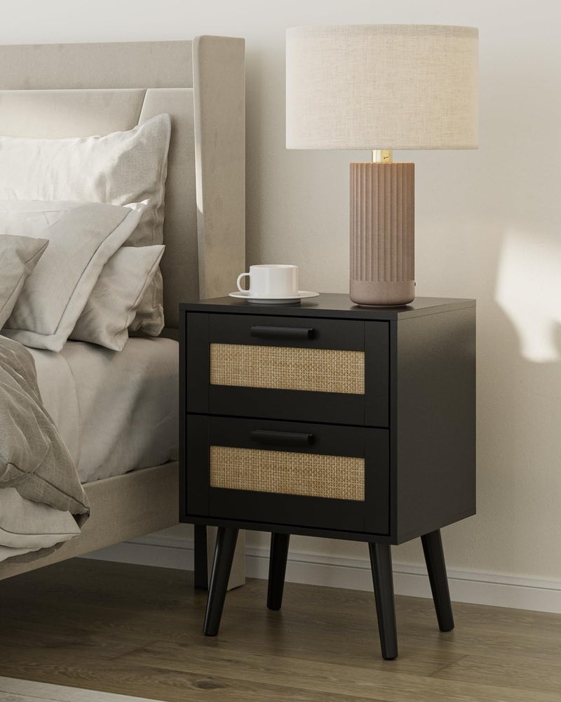 Masupu Rattan Night Stand Modern nightstand Boho Bedside Table with 2 DrawerSmall End Side Table for BedroomLiving RoomOfficeBlack