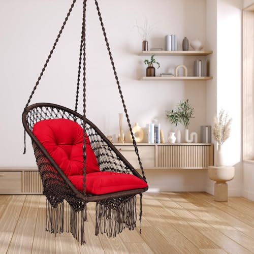 Patiofy Super Comfy Premium Swing for Adults/Jhula for Adults/Swing for Living Room/Swing for Balcony/Swing Chair/Swing for Adults for Home/Jhoola with Hanging Kit & Red L Shape Cushion-Brown - Image 1
