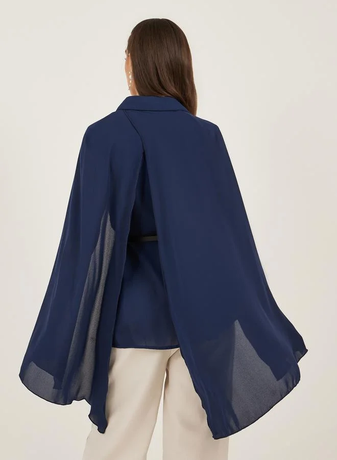Styli Plain Belted Cape Sleeves Blouse