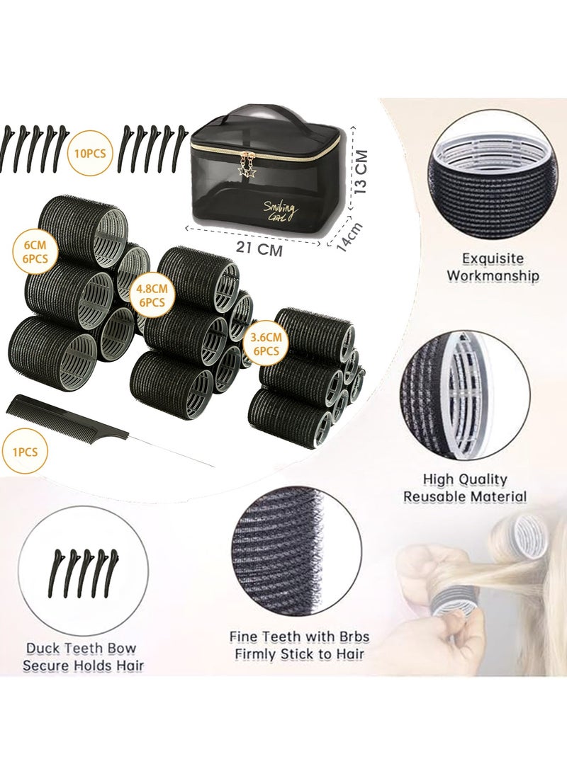 JOSQUEWNN Hair Curlers Rollers, Salon Quality Hairdressing Curlers,18Pcs Hair Rollers Self Grip Holding Curlers with 10Pcs Stainless Steel Duckbill Clips and 1 Hair Combfor Long Medium Short Thick Fine Thin Hair Bangs Volume (Black)  - Image 2