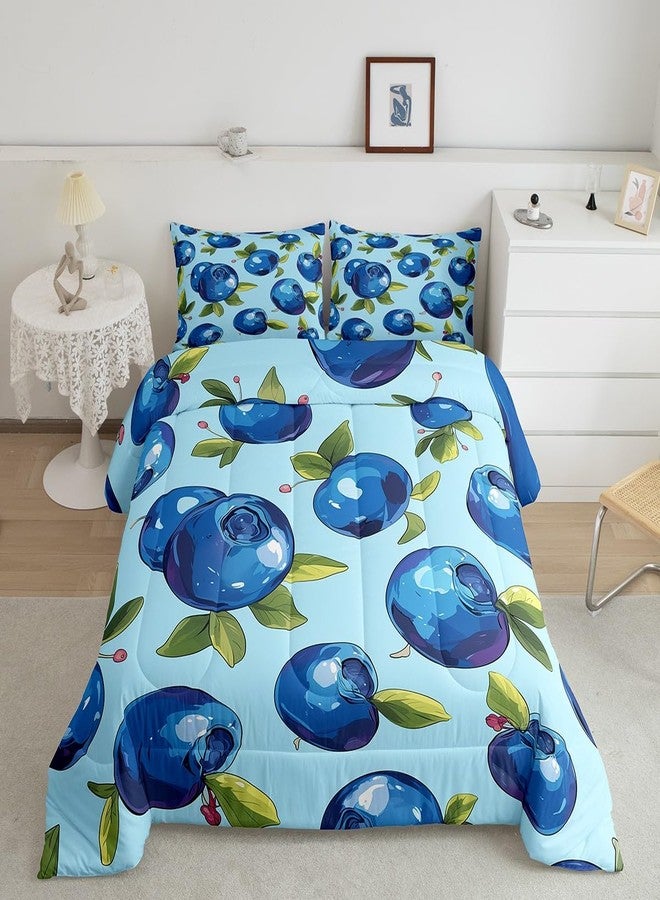 Man Fei Manfei Cartoon Blueberry Kids Comforter Set Twin Size,Summer Tropical Fruits Bedding Set,Boys Girls Room Decor,Hawaii Summer Beach Down Comforter,Blue Green Duvet Insert,1 Pillowcase - Image 1
