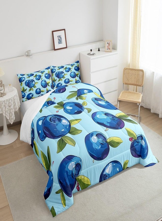 Man Fei Manfei Cartoon Blueberry Kids Comforter Set Twin Size,Summer Tropical Fruits Bedding Set,Boys Girls Room Decor,Hawaii Summer Beach Down Comforter,Blue Green Duvet Insert,1 Pillowcase - Image 4