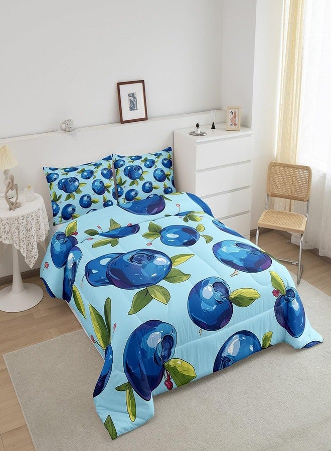 Man Fei Manfei Cartoon Blueberry Kids Comforter Set Twin Size,Summer Tropical Fruits Bedding Set,Boys Girls Room Decor,Hawaii Summer Beach Down Comforter,Blue Green Duvet Insert,1 Pillowcase - Image 2