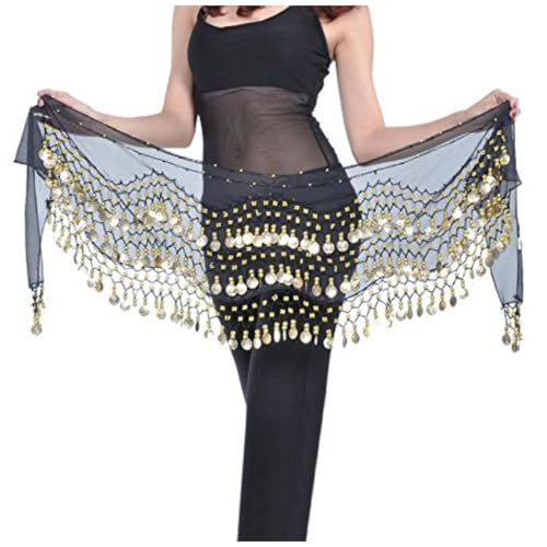 VRITRAZ Women's Chiffon Belly Dance Hip Scarf Waistband Belt Skirt with128 Ringy Golden Coins 128 Black - Image 4