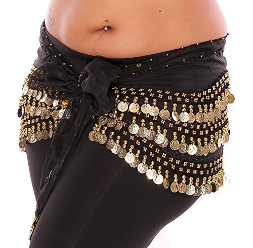 VRITRAZ Women's Chiffon Belly Dance Hip Scarf Waistband Belt Skirt with128 Ringy Golden Coins 128 Black - Image 2