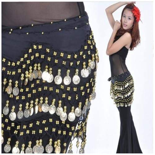 VRITRAZ Women's Chiffon Belly Dance Hip Scarf Waistband Belt Skirt with128 Ringy Golden Coins 128 Black - Image 3