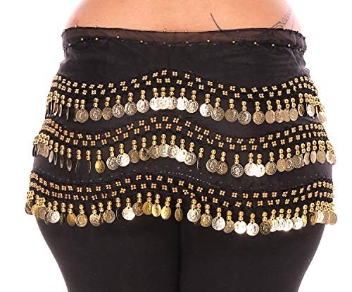 VRITRAZ Women's Chiffon Belly Dance Hip Scarf Waistband Belt Skirt with128 Ringy Golden Coins 128 Black - Image 5