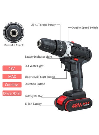 Cordless Electric Drill Kit - 48V Impact Drill with 2 Batteries - Rechargeable Screw Driver - Multifunctional Hammer Drill - Home Tool Kit - view 5