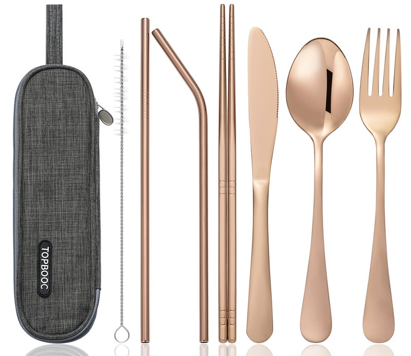 Portable Stainless Steel Flatware Set Travel Camping Cutlery Set Portable Utensil Travel Silverware Dinnerware Set with a Waterproof Case Rose God