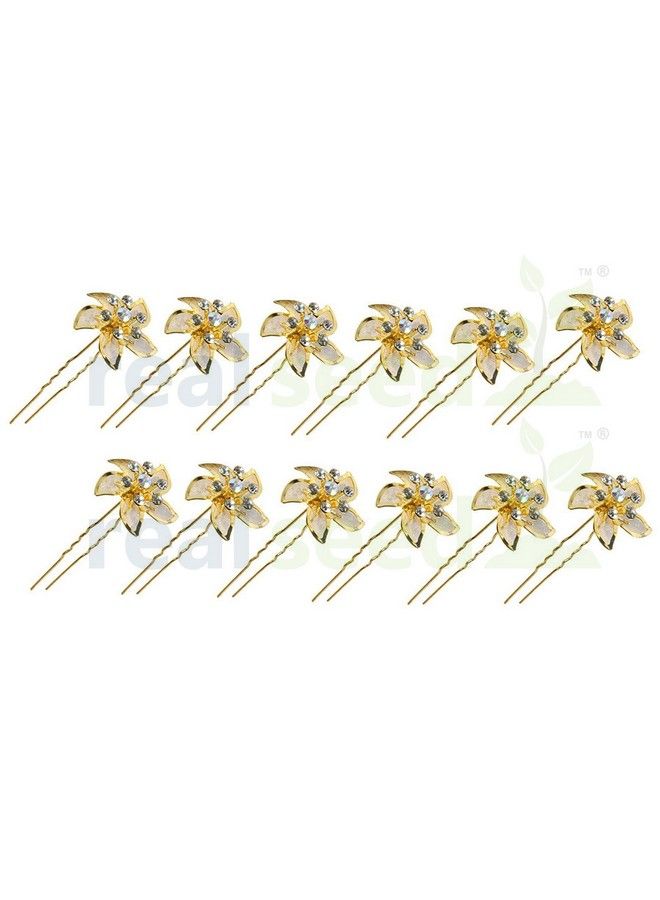 Real Seed Golden Rose With Crystal Petals Combo Of Big Juda Pin Hair Clips For Girls/Women (12 Pieces) - Image 1