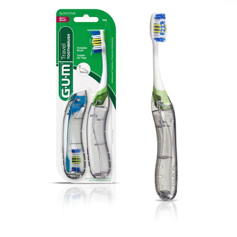 GUM Folding Travel Toothbrush, Compact Head + Tongue Cleaner, Soft Bristled Travel Toothbrushes for Adults, 2 Count - Image 1