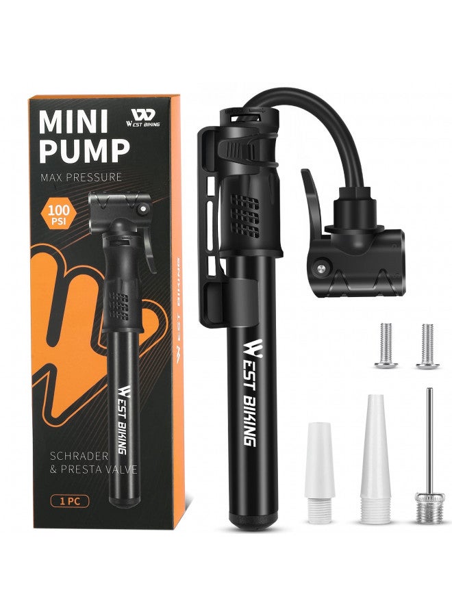 WEST BIKING مضخة دراجة هوائية مضخة دراجة صغيرة - مضخة دورة من سبائك الألمنيوم لصمامات بريستا وشرايدر، مضخة خفيفة الوزن ومحمولة لضغط إطارات الدراجة بسرعة مضخة هواء صغيرة لدراجة الجبال والدراجات على الطرق ومضخة كرات (أسود) - Image 1